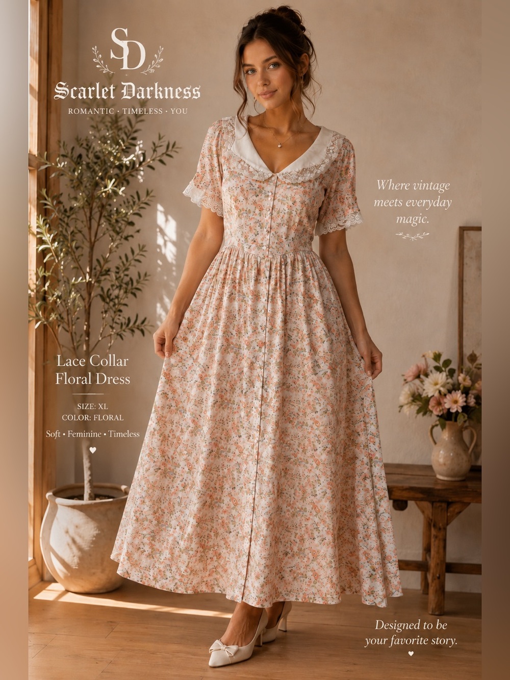 NWT Scarlet Darkness XL Floral Cottagecore Midi Dress Lace Collar Puff Sleeve B5